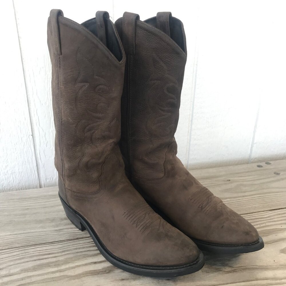Old West Nubuck Mens Brown Leather Cowboy Western Boots 11.5 D TBM3051